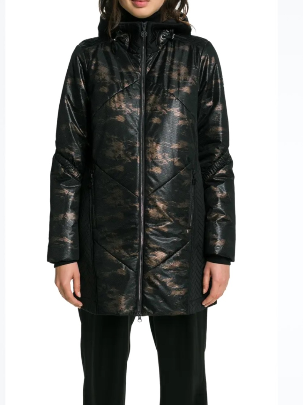 Sportalm Kitzbühel Hooded Quilted Puffer Parka Black Gold Metallic Coat Sz US 6